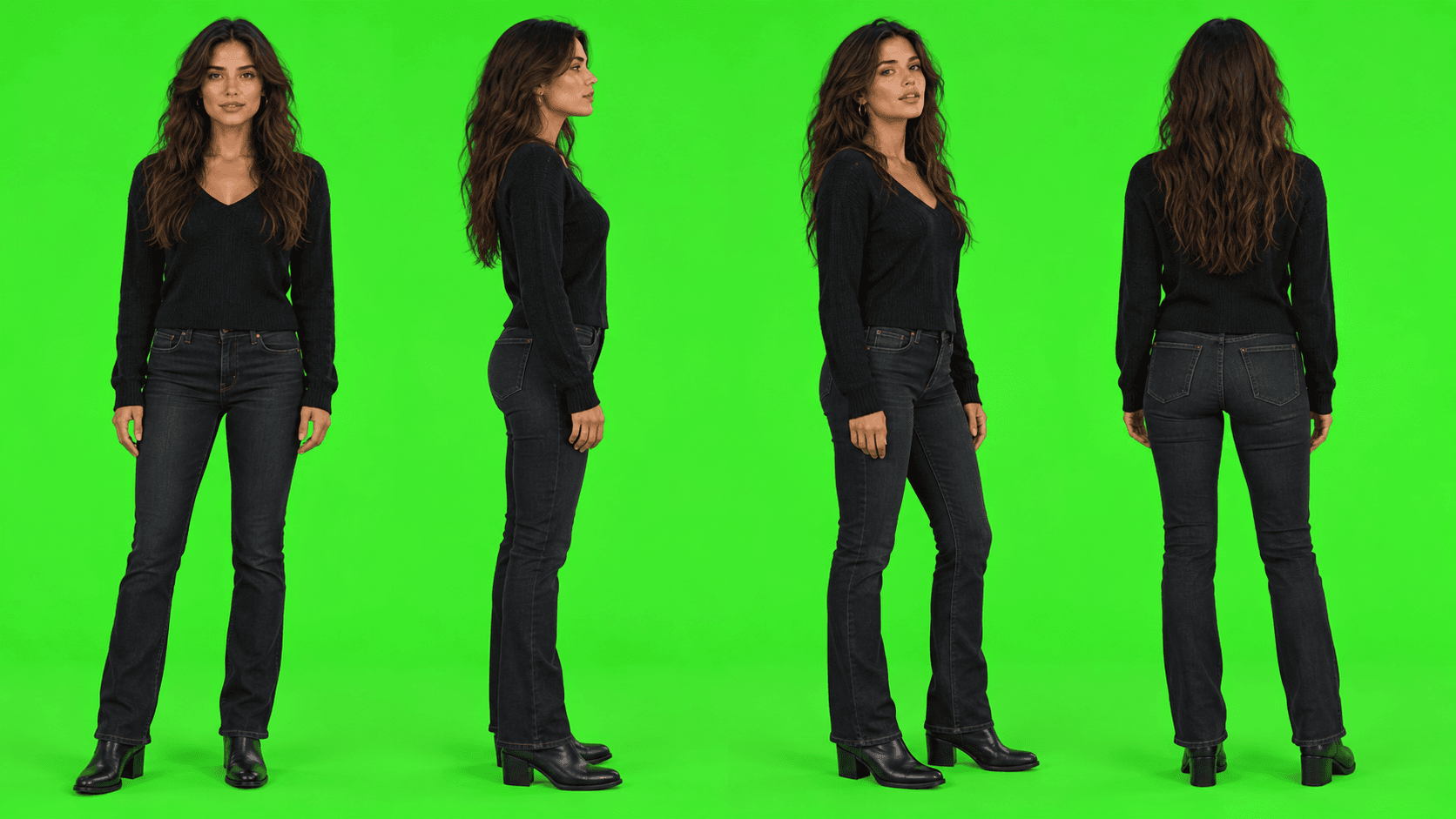 Result: Mara front, side, 45-degree and back views on green screen